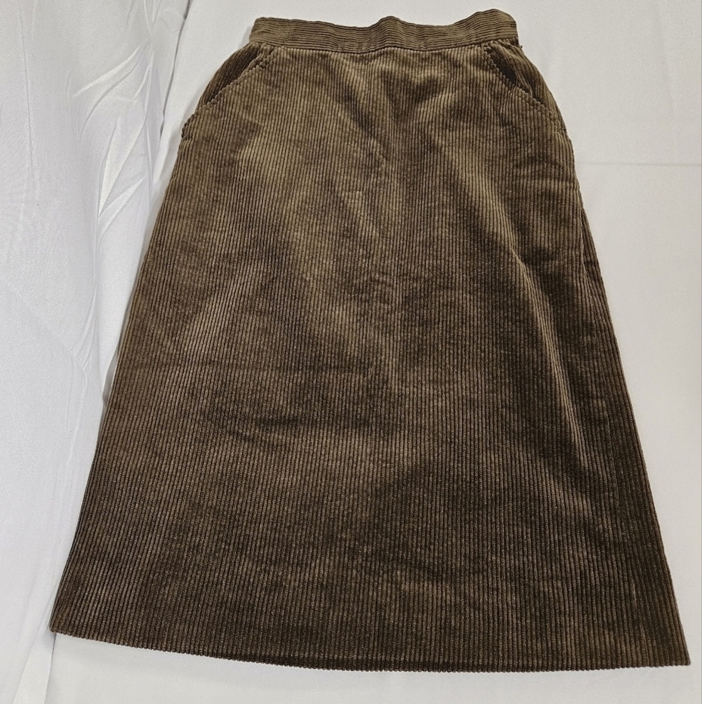Yves Saint Laurent Paris High Waisted Corduroy Midi Skirt In Olive Brown Sz XS - Picture 4 of 14